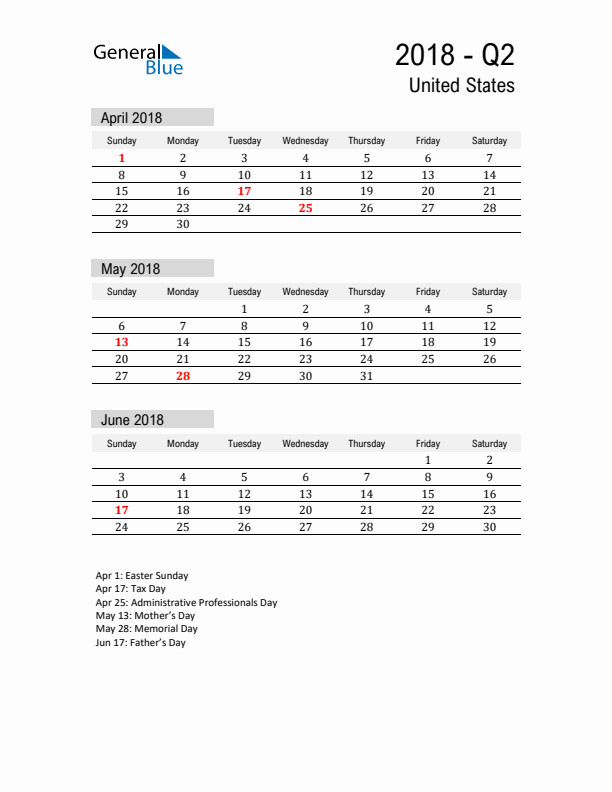 United States Quarter 2 2018 Calendar with Holidays