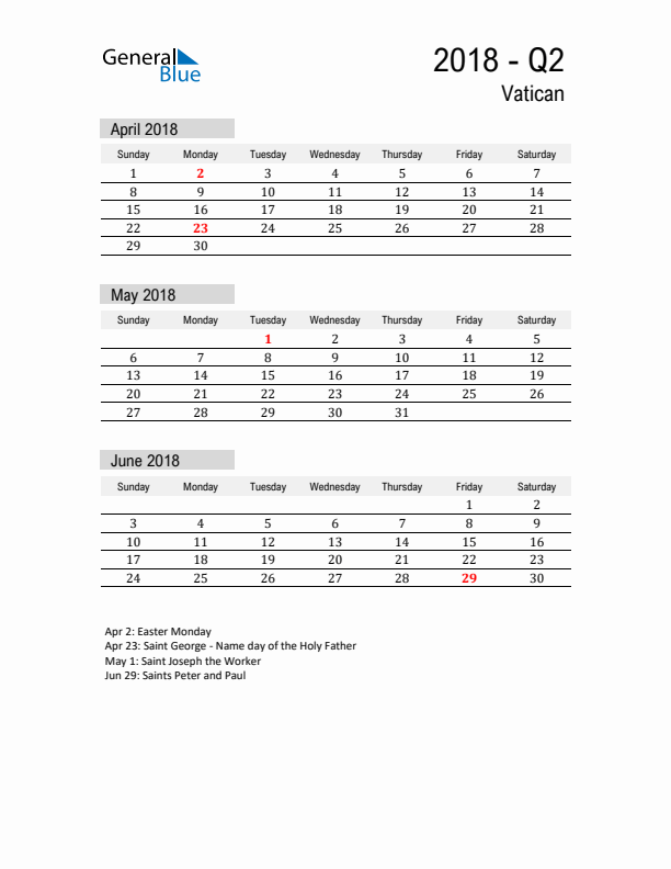 Vatican Quarter 2 2018 Calendar with Holidays