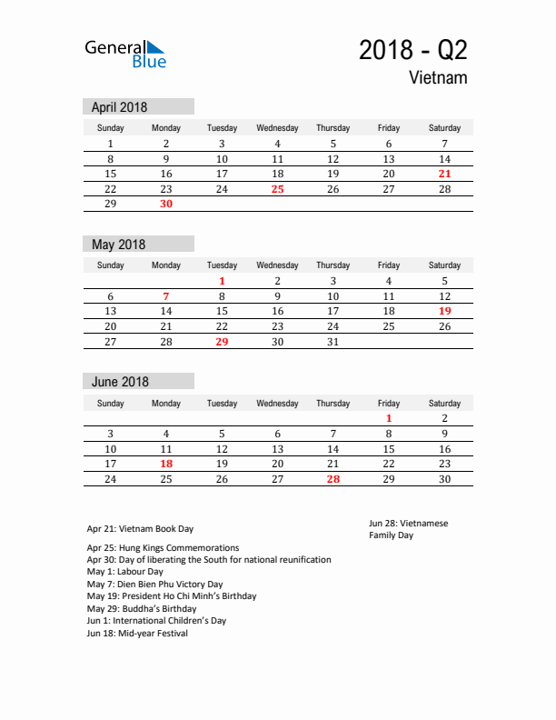 Vietnam Quarter 2 2018 Calendar with Holidays