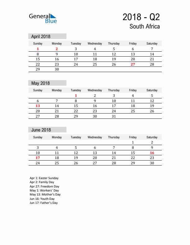 South Africa Quarter 2 2018 Calendar with Holidays