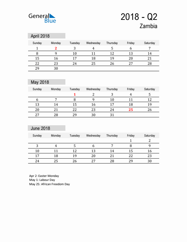 Zambia Quarter 2 2018 Calendar with Holidays