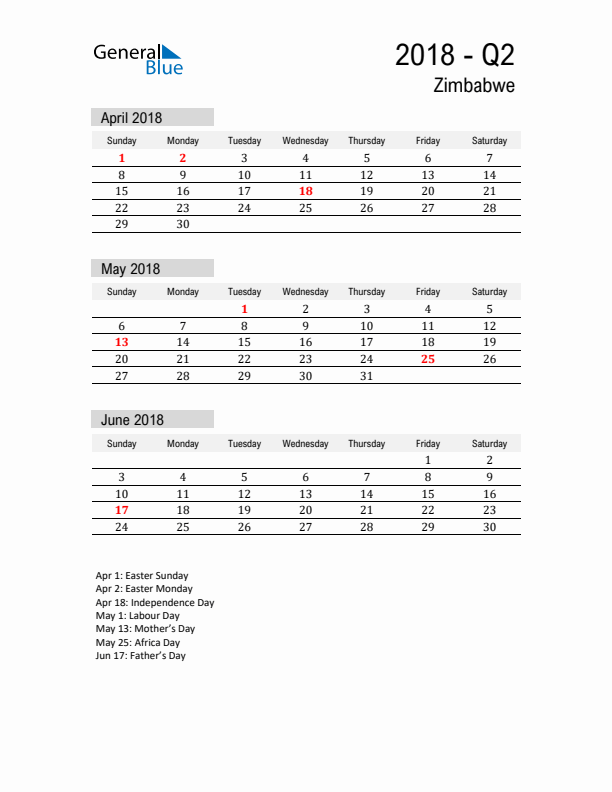 Zimbabwe Quarter 2 2018 Calendar with Holidays