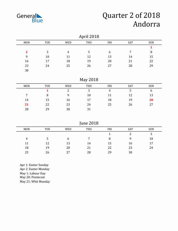 Quarter 2 2018 Andorra Quarterly Calendar