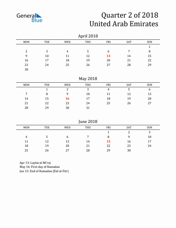 Quarter 2 2018 United Arab Emirates Quarterly Calendar