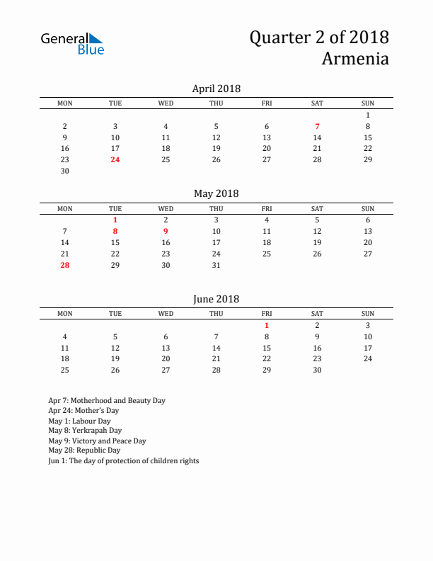 Quarter 2 2018 Armenia Quarterly Calendar