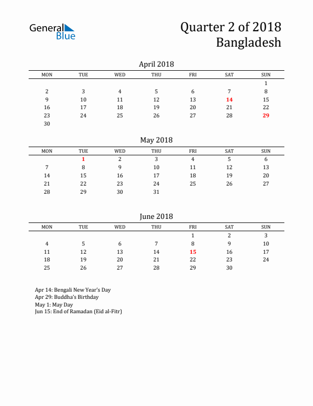 Quarter 2 2018 Bangladesh Quarterly Calendar