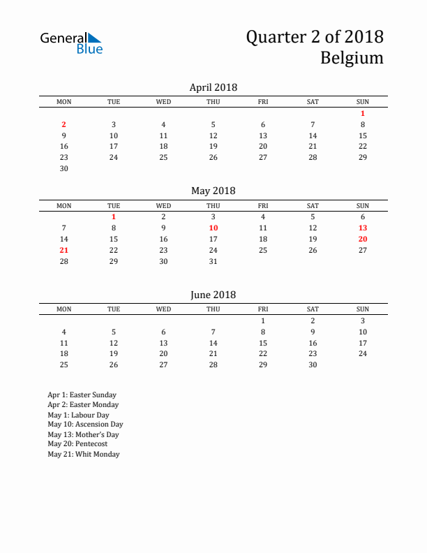 Quarter 2 2018 Belgium Quarterly Calendar