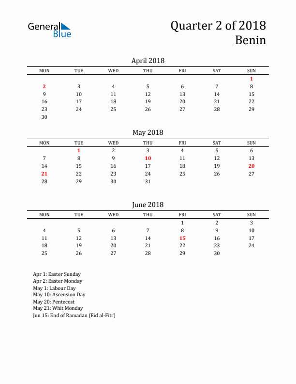 Quarter 2 2018 Benin Quarterly Calendar