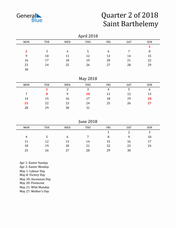 Quarter 2 2018 Saint Barthelemy Quarterly Calendar