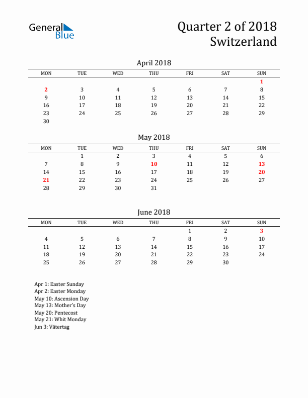 Quarter 2 2018 Switzerland Quarterly Calendar