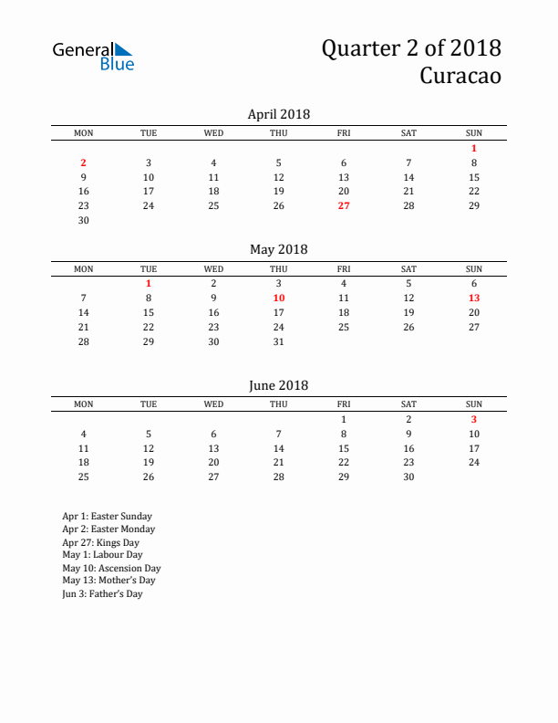 Quarter 2 2018 Curacao Quarterly Calendar