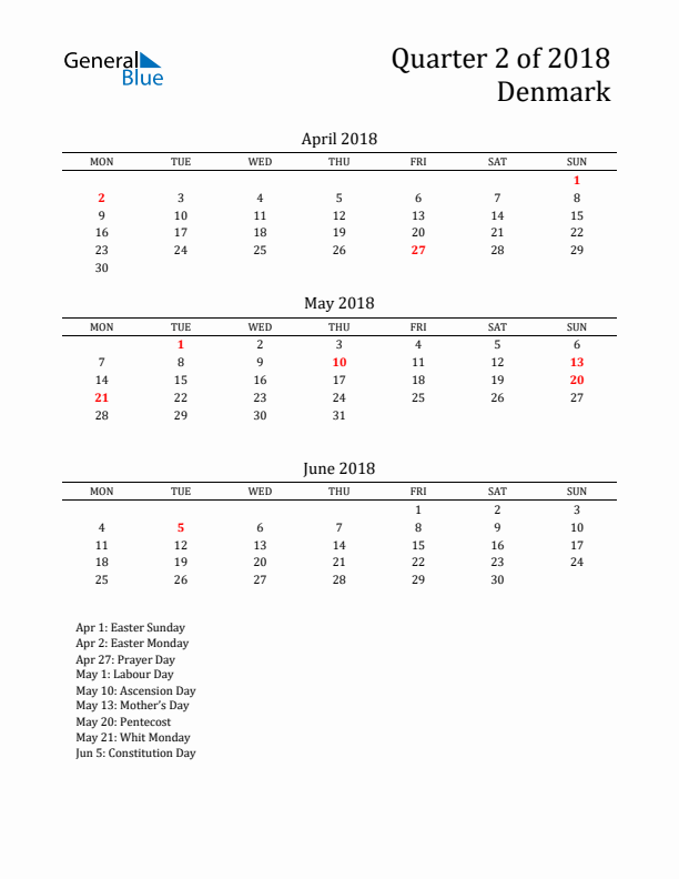 Quarter 2 2018 Denmark Quarterly Calendar