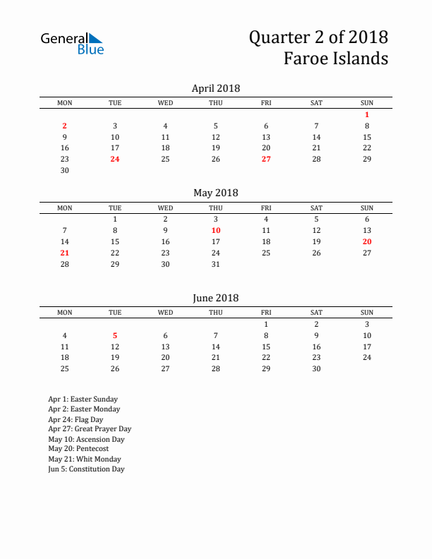 Quarter 2 2018 Faroe Islands Quarterly Calendar