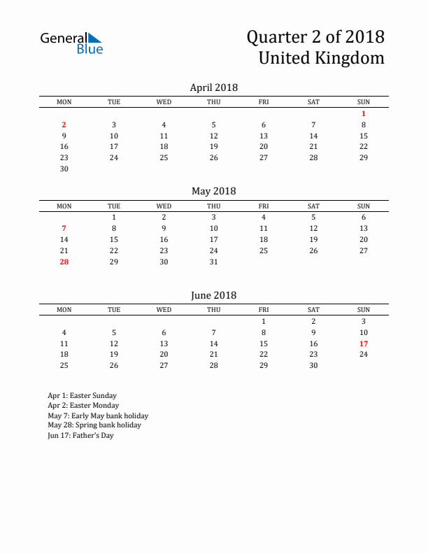 Quarter 2 2018 United Kingdom Quarterly Calendar