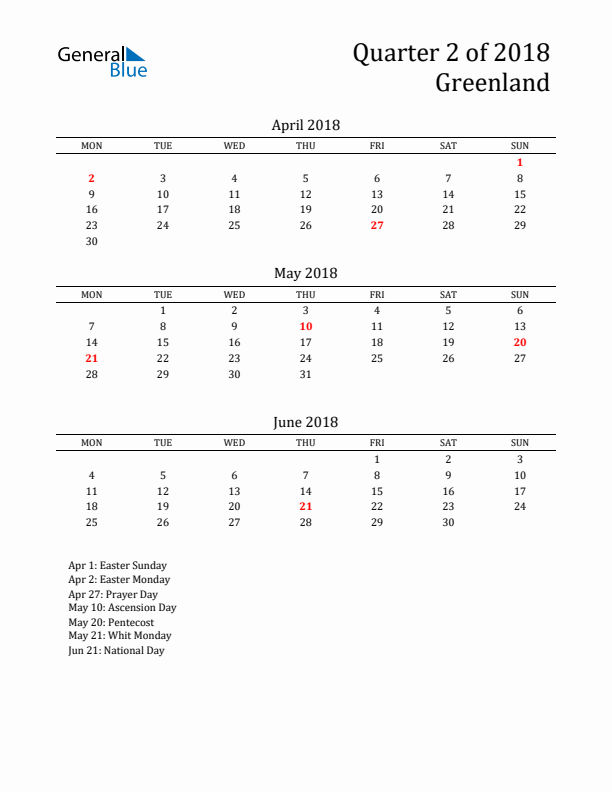 Quarter 2 2018 Greenland Quarterly Calendar