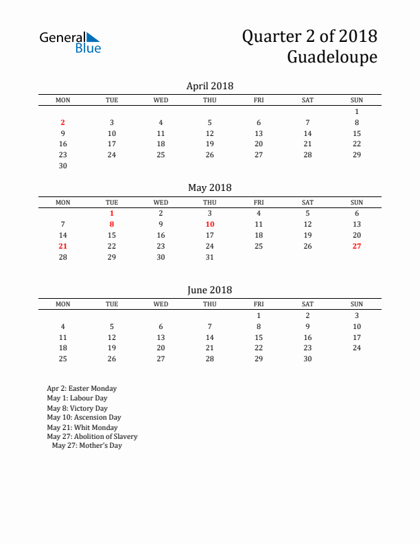 Quarter 2 2018 Guadeloupe Quarterly Calendar