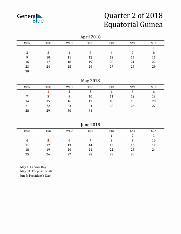 Quarter 2 2018 Equatorial Guinea Quarterly Calendar