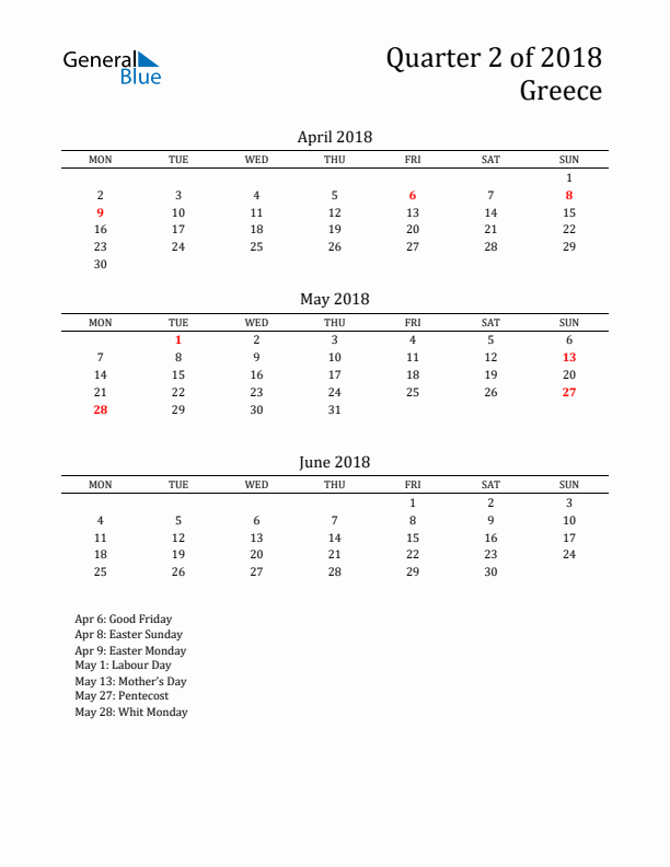 Quarter 2 2018 Greece Quarterly Calendar