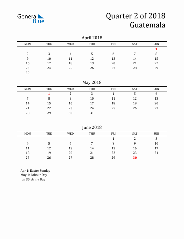 Quarter 2 2018 Guatemala Quarterly Calendar