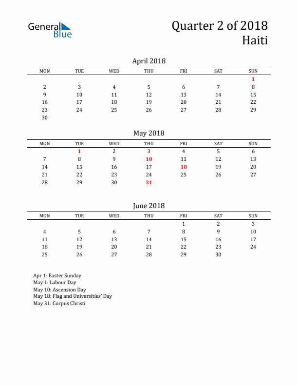 Quarter 2 2018 Haiti Quarterly Calendar