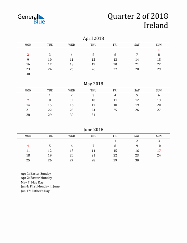 Quarter 2 2018 Ireland Quarterly Calendar