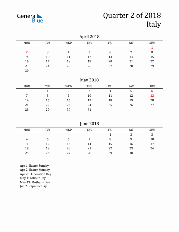 Quarter 2 2018 Italy Quarterly Calendar