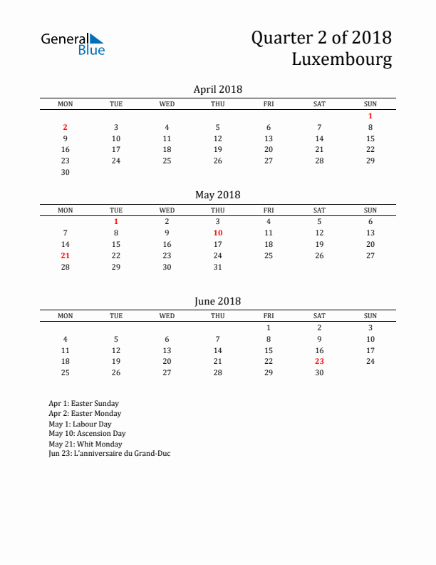 Quarter 2 2018 Luxembourg Quarterly Calendar