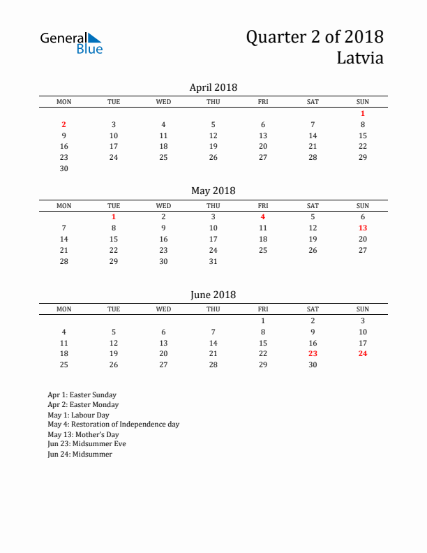 Quarter 2 2018 Latvia Quarterly Calendar