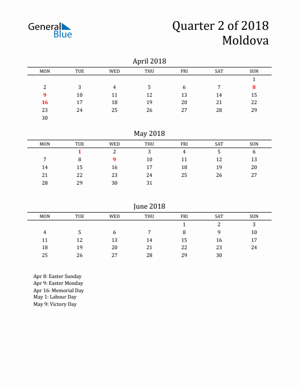 Quarter 2 2018 Moldova Quarterly Calendar