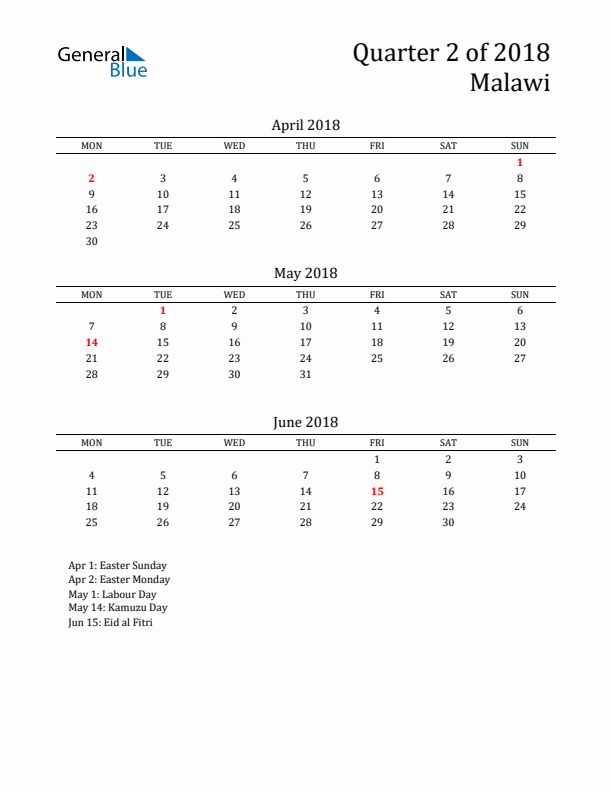 Quarter 2 2018 Malawi Quarterly Calendar