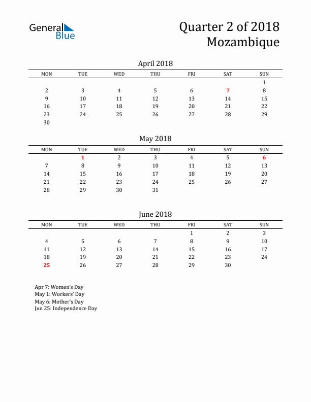 Quarter 2 2018 Mozambique Quarterly Calendar