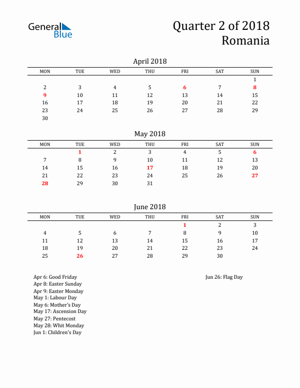 Quarter 2 2018 Romania Quarterly Calendar