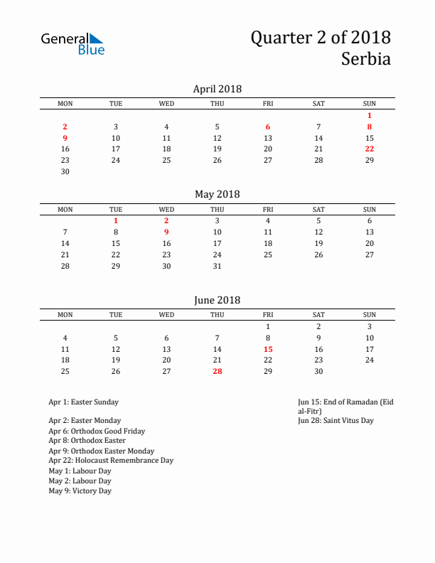 Quarter 2 2018 Serbia Quarterly Calendar