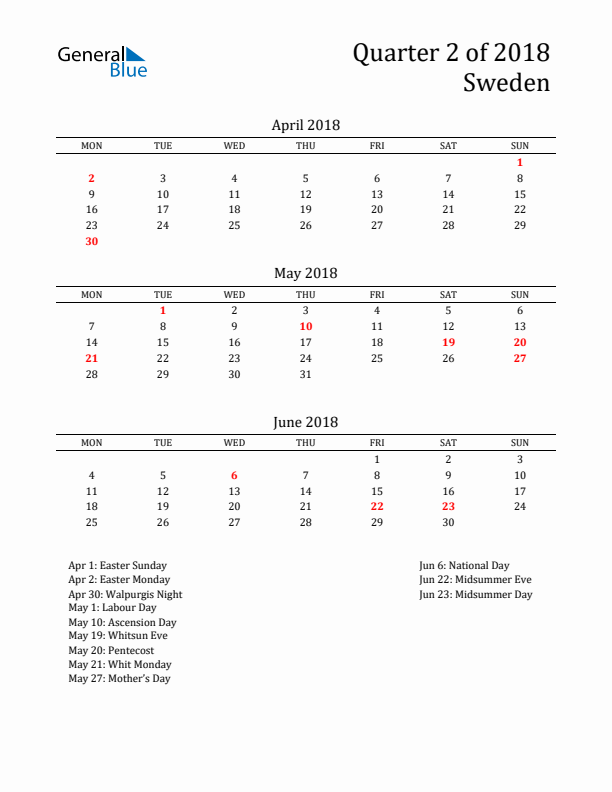 Quarter 2 2018 Sweden Quarterly Calendar