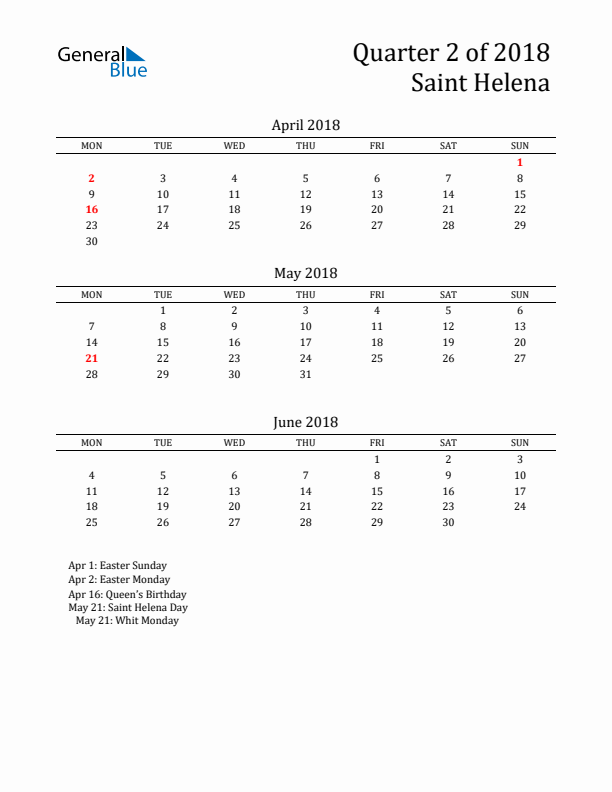 Quarter 2 2018 Saint Helena Quarterly Calendar