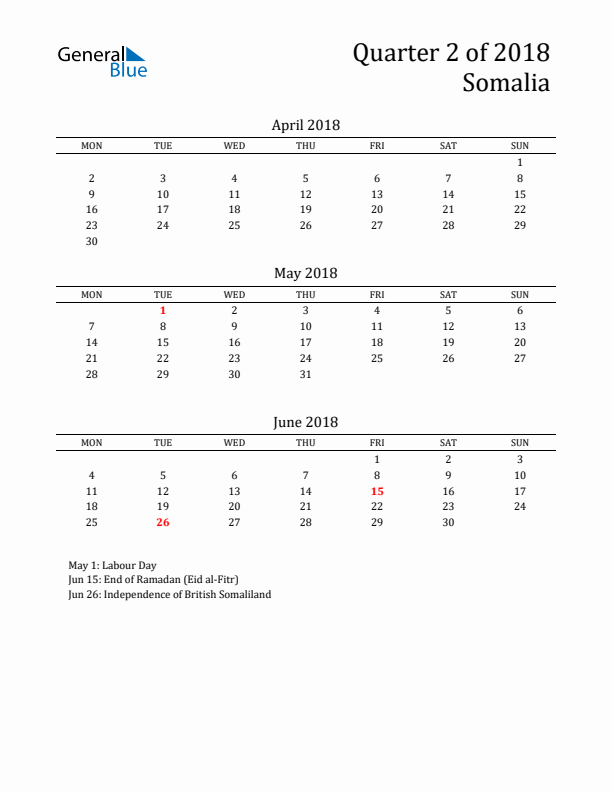 Quarter 2 2018 Somalia Quarterly Calendar