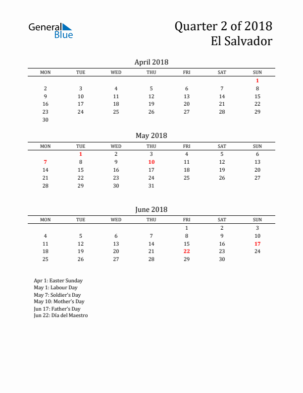 Quarter 2 2018 El Salvador Quarterly Calendar