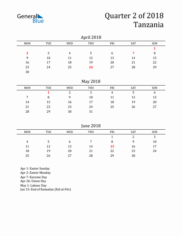 Quarter 2 2018 Tanzania Quarterly Calendar