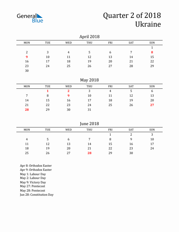 Quarter 2 2018 Ukraine Quarterly Calendar