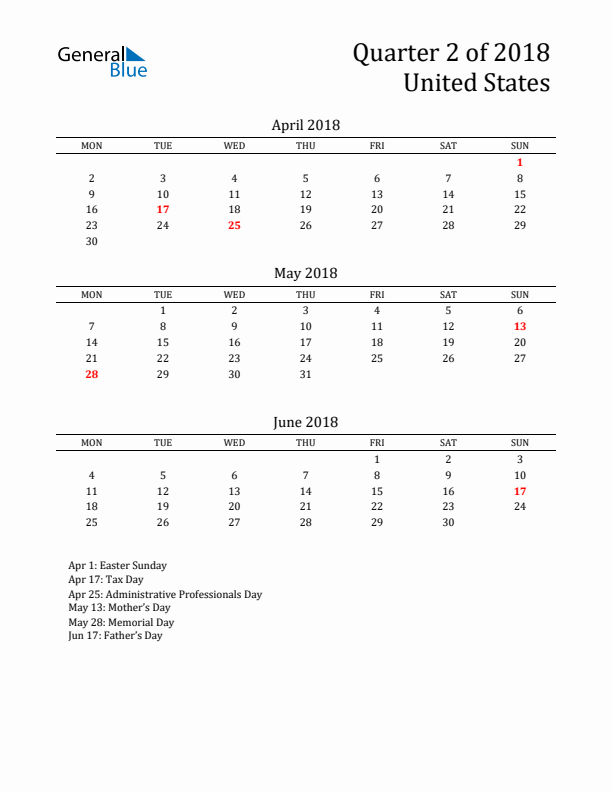 Quarter 2 2018 United States Quarterly Calendar