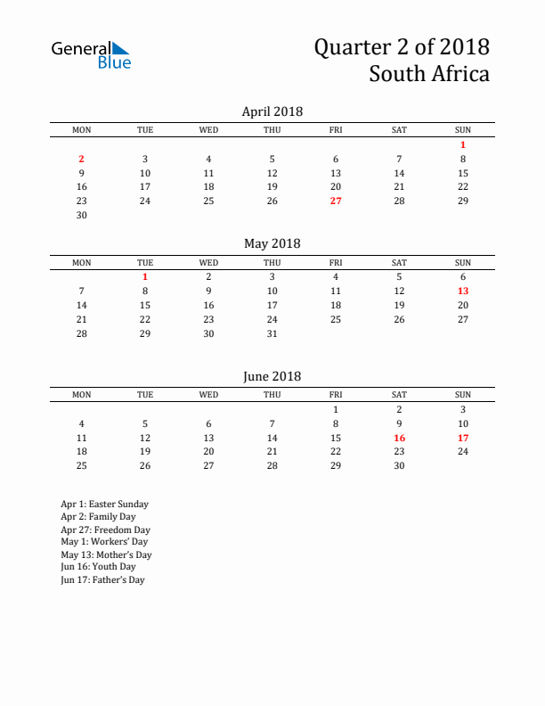 Quarter 2 2018 South Africa Quarterly Calendar