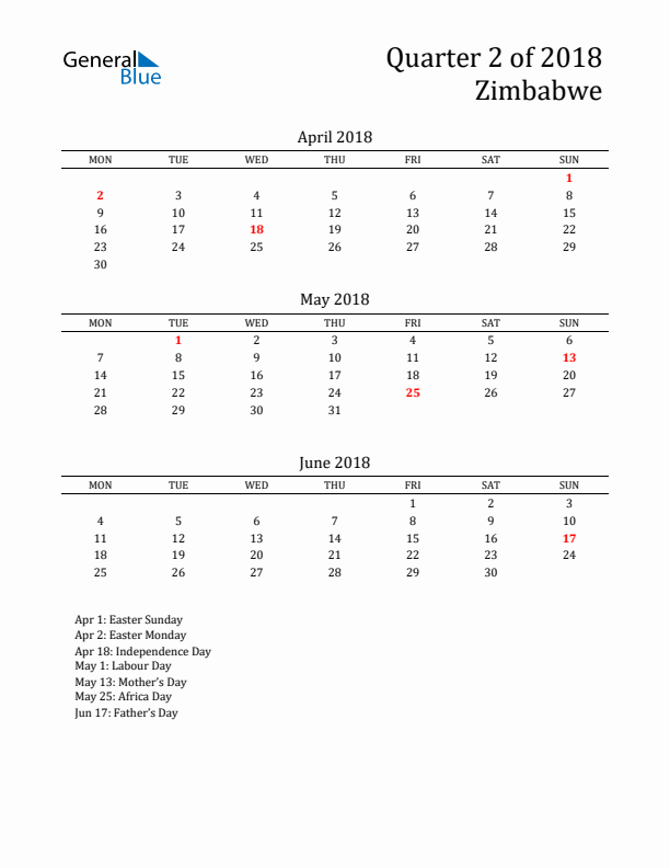 Quarter 2 2018 Zimbabwe Quarterly Calendar