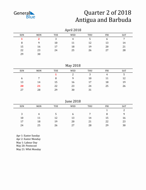 Quarter 2 2018 Antigua and Barbuda Quarterly Calendar