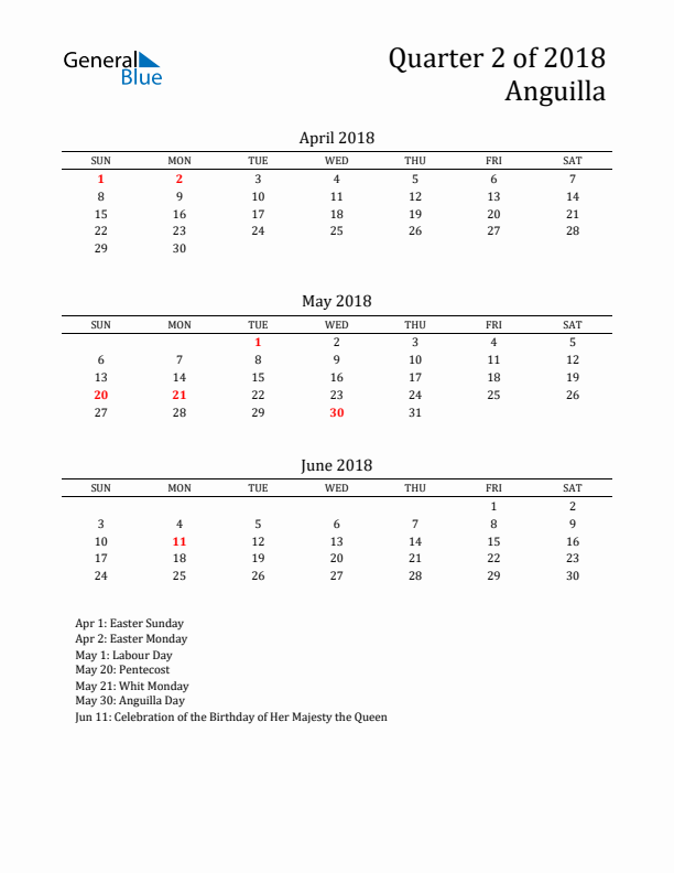 Quarter 2 2018 Anguilla Quarterly Calendar