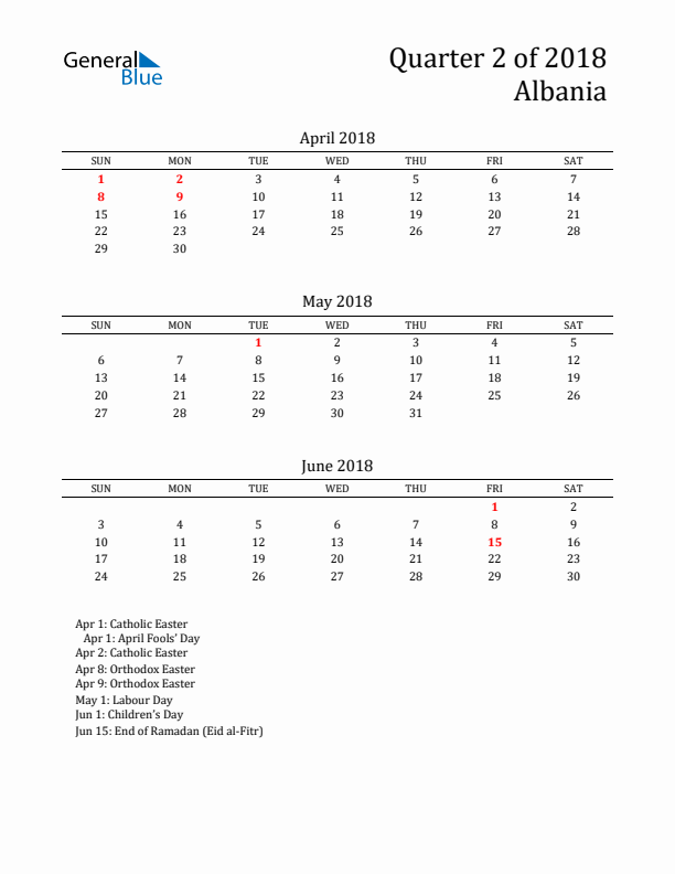 Quarter 2 2018 Albania Quarterly Calendar