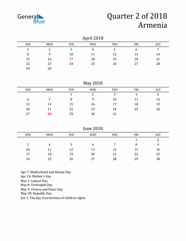 Quarter 2 2018 Armenia Quarterly Calendar