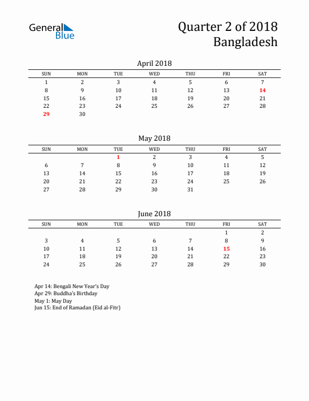 Quarter 2 2018 Bangladesh Quarterly Calendar