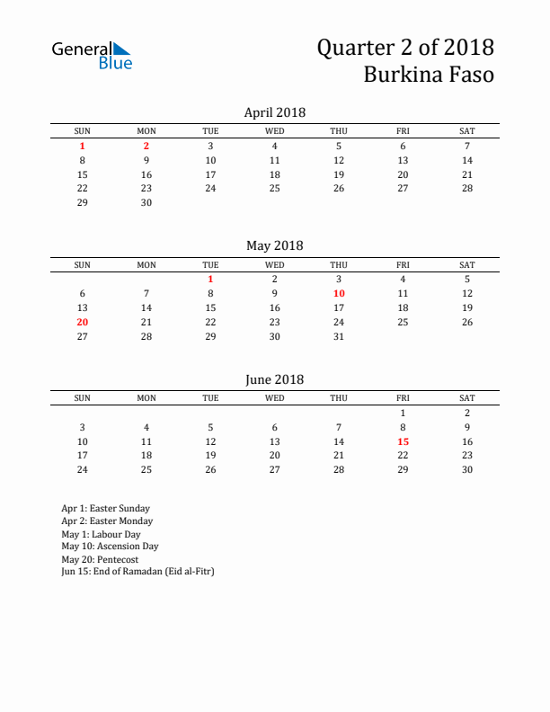 Quarter 2 2018 Burkina Faso Quarterly Calendar