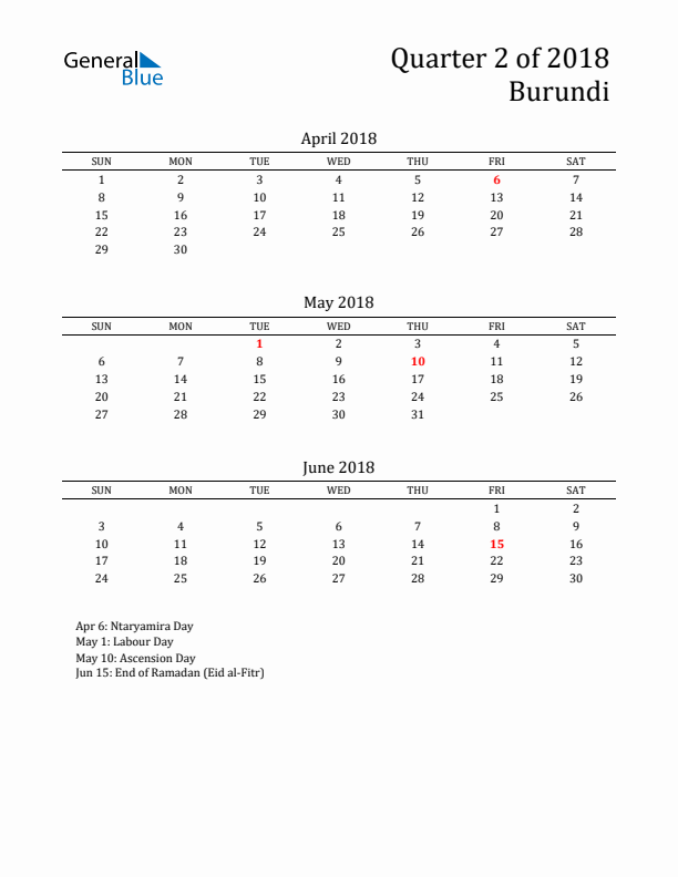 Quarter 2 2018 Burundi Quarterly Calendar