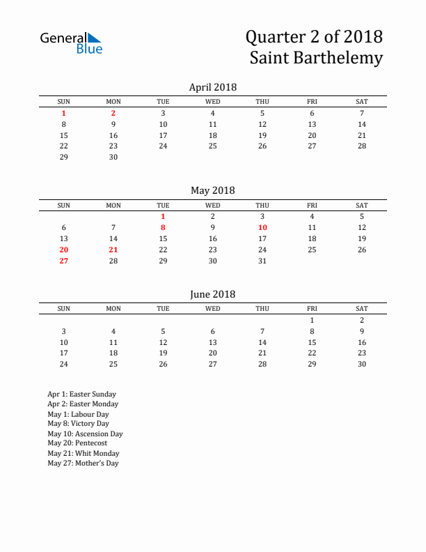 Quarter 2 2018 Saint Barthelemy Quarterly Calendar